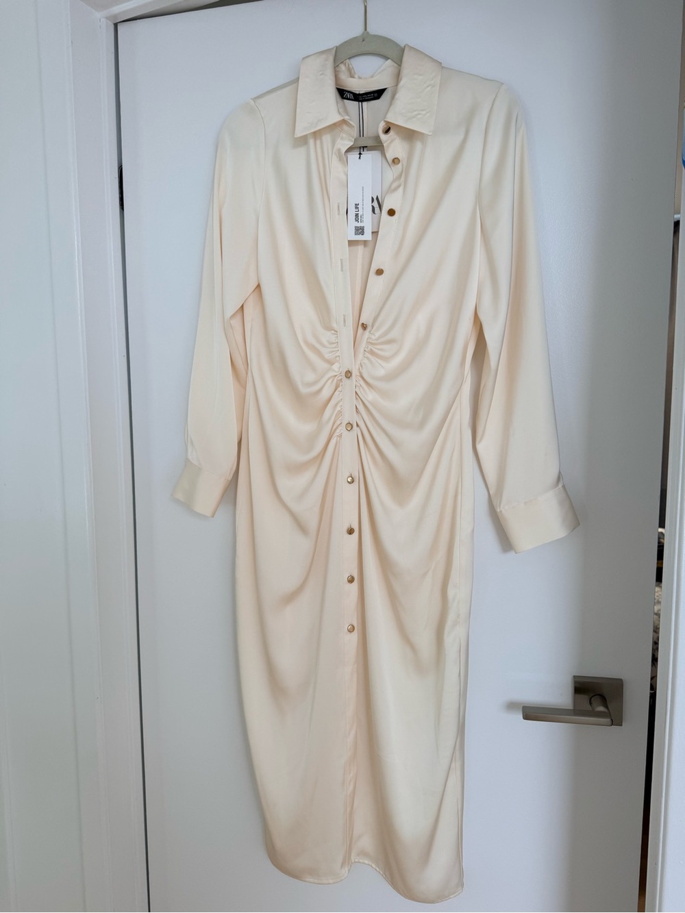 Zara Cream Ruched Button-Front Midi Shirt Dress
